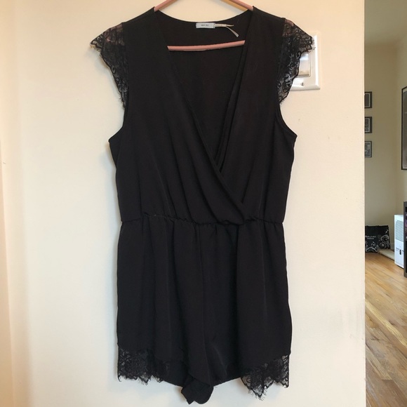 SOLD UO Kimchi Blue Black Satin & Lace Plunge Romper - Picture 2 of 7